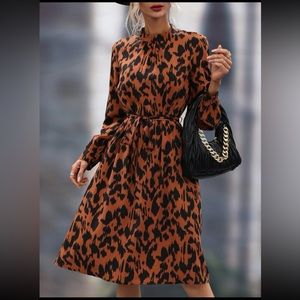 High Neck Leopard Tie-Waist Dress